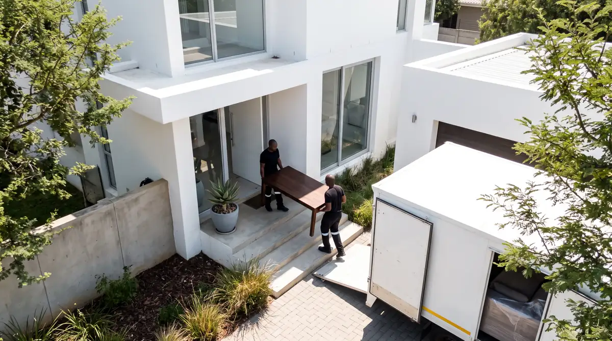 Furniture Movers South Africa - two movers in black uniforms carrying a wooden dining table down the front steps of a white South African home to a removal truck Furniture Movers South Africa - two movers in black uniforms carrying a wooden dining table down the front steps of a white South African home to a removal truck
